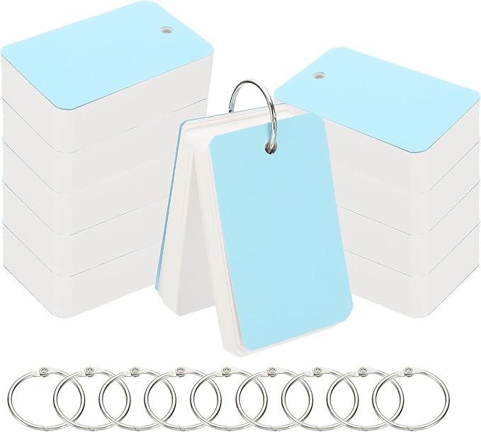 PATIKIL Blank Index Cards with Ring, 1000Pcs Blank Flash Card 3.5x2" Study Note Cardstock for Memory Learning Studying Office Supplies, Cyan White