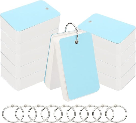 PATIKIL Blank Index Cards with Ring, 1000Pcs Blank Flash Card 3.5x2" Study Note Cardstock for Memory Learning Studying Office Supplies, Cyan White