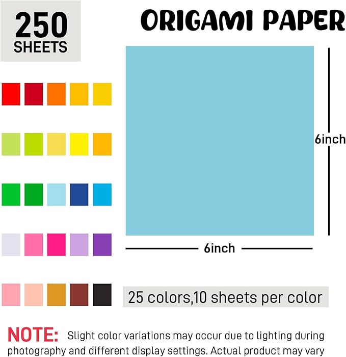 Koogel 250 Sheets 6" X 6" Origami Paper Double Sided Color, 25 Assorted Colors Colored Paper, for Kids Folding Crafting Scrapbooking, Classroom Teacher Supplies, Beginner