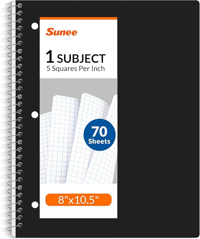 SUNEE Spiral Notebook, 1-Subject, Graph Ruled Paper, 8" x 10-1/2", 70 Sheets, 5 Squares per inch Spiral Grid Notebooks for Work, Home, School, Writing, Black