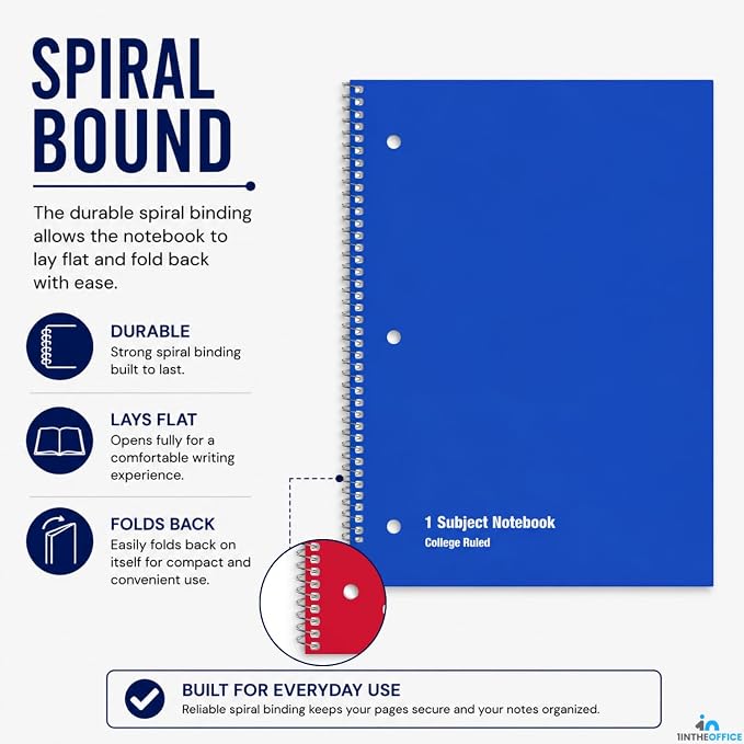 1InTheOffice Spiral Notebook College Ruled, 1-Subject Notebooks, Wirebound Spiral Notebook 8" x 10.5", 70 Sheets, Assorted Colors (6 Pack)