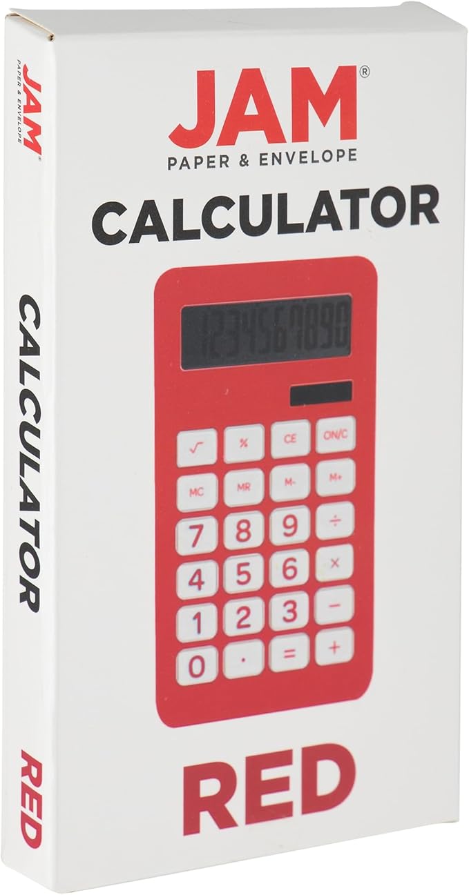 JAM PAPER Desktop Calculator - 10 Digit LCD Display - 3 3/4 x 6 3/4 Inches - Red - Bulk 10/Pack