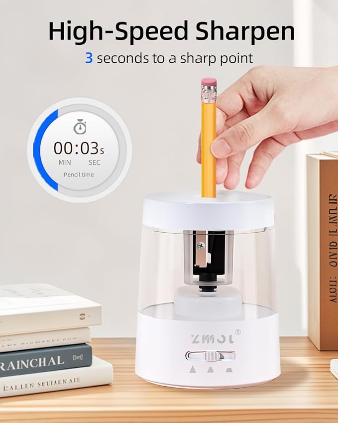 ZMOL Electric Pencil Sharpener - Battery/USB Powered, 3 Sharpening Modes, for No.2 & Colored Pencils, White