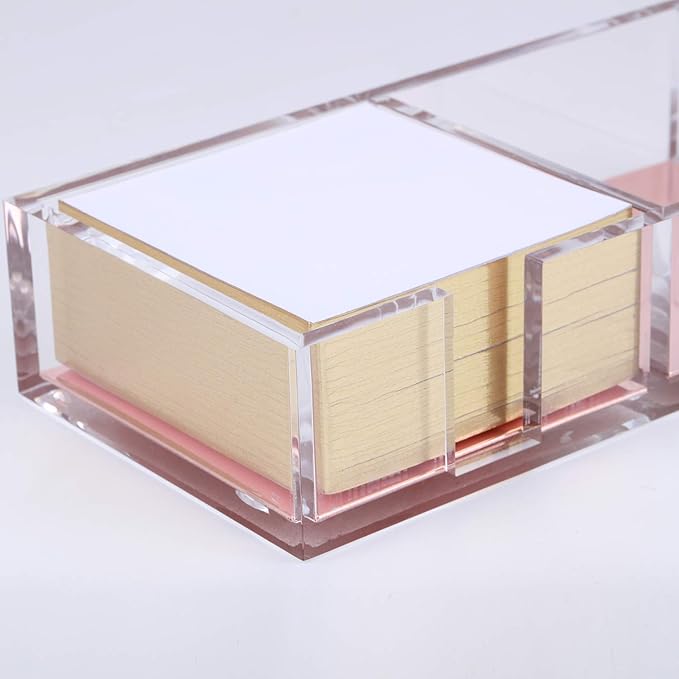 Rose Gold Notes Holder with Cube Memo Pad 320 Sheets, Acrylic 3 in 1 Drawer Organizer by DS DRAYMOND STORY - Desktop Stationery Series (Thank You Gifts for Boss)