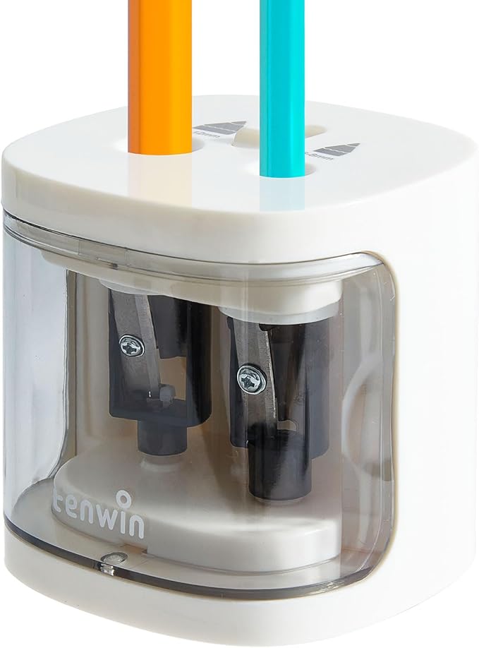 tenwin Electric Pencil Sharpener, Dual Hole Pencil Sharpeners Battery Powered, Small&Portable, Fit for 6-12mm No.2/Colored Pencils, Kids, School/Home (White)