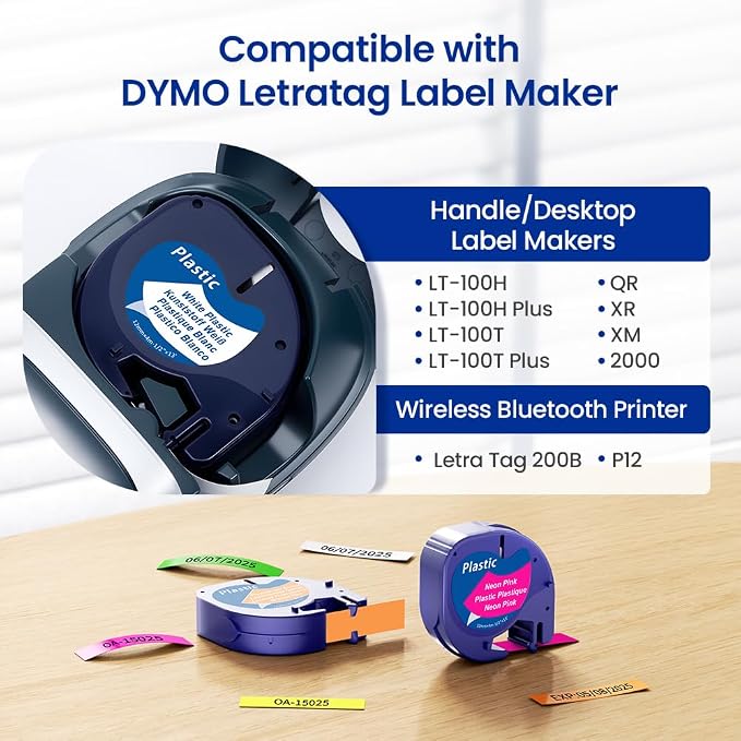 Replacment for Dymo Letratag Colored Plastic Label Maker Tape 12mm x 4m | Durable Tape Compatible with Dymo Letratag 100H Label Maker Refills for 200B LT-100T Plus, Strong Adhesion for Home, Office