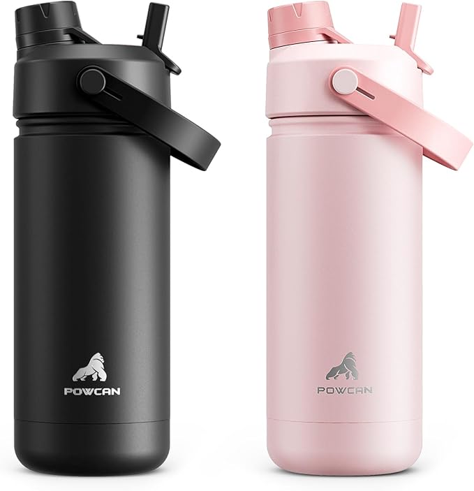 POWCAN 2 Pack 18 oz Kids Insulated Water Bottle for School: Leakproof, 2-in-1 Straw Spout Lid, BPA-Free, Keep Cold 24 Hrs, Stainless Steel Cup for Sports, Travel, Gift for Girls Boys Daughters Sons