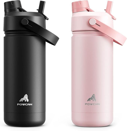 POWCAN 2 Pack 18 oz Kids Insulated Water Bottle for School: Leakproof, 2-in-1 Straw Spout Lid, BPA-Free, Keep Cold 24 Hrs, Stainless Steel Cup for Sports, Travel, Gift for Girls Boys Daughters Sons