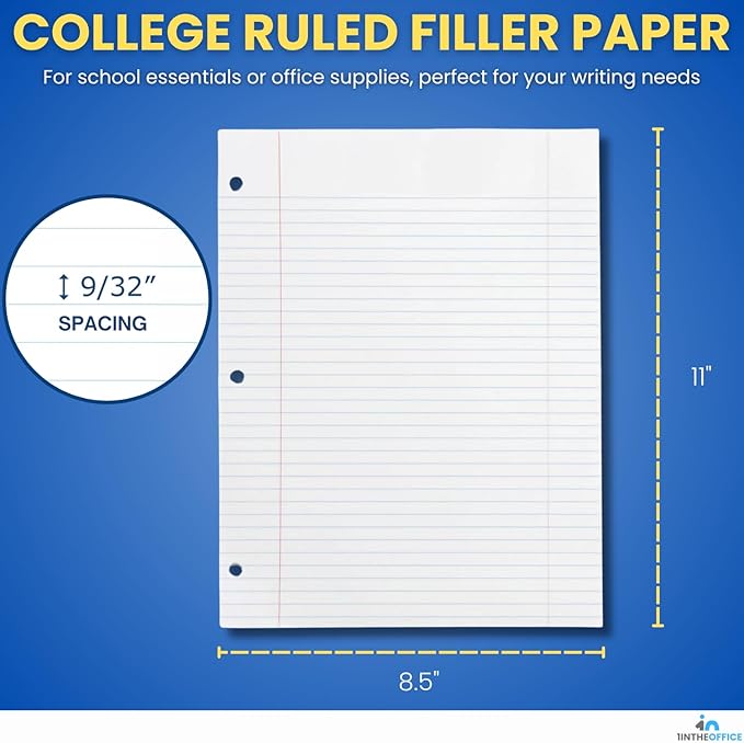 1InTheOffice Loose Leaf Paper College Ruled, Notebook Filler Paper, 8.5" x 11", 3-Hole Punched, White, 300 Pack