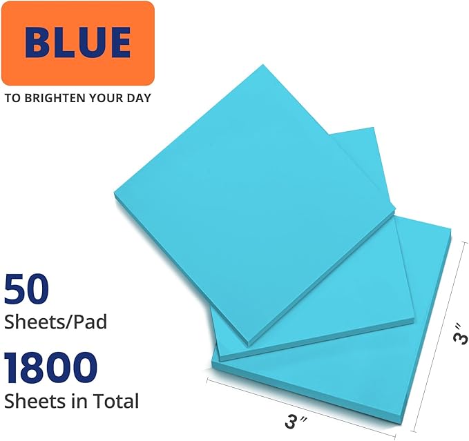 Sticky Notes, 36 Pads, 3x3 Inches Self-Stick Note Pads, Perfect for Office, Study, and Daily Life Organization - Blue
