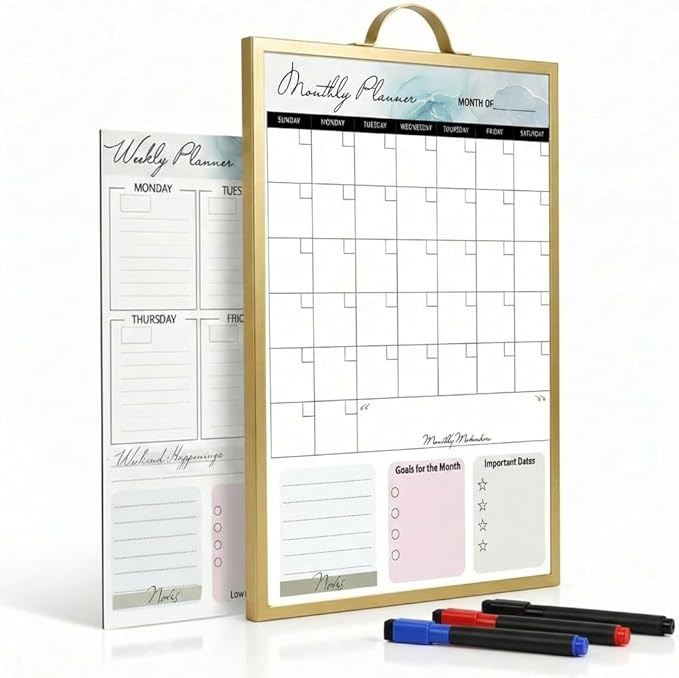 Magnetic Dry Erase Board 12x16 with Handle, Double Sided Portable Gold Whiteboard for Home, Office, School & Kitchen, Includes Weekly & Monthly Magnetic Planner Sheets