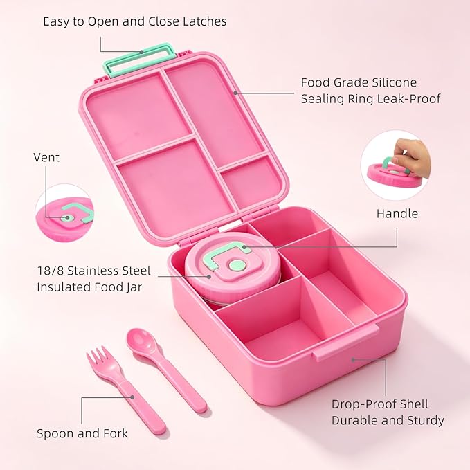 Kids Bento Lunch Box with 12oz Insulated Food Jar, 4-Compartment Lunch Box | Leak-Proof Bento Box for Hot & Cold Food, Easy-Open School Lunch Container for Toddlers Boys & Girls