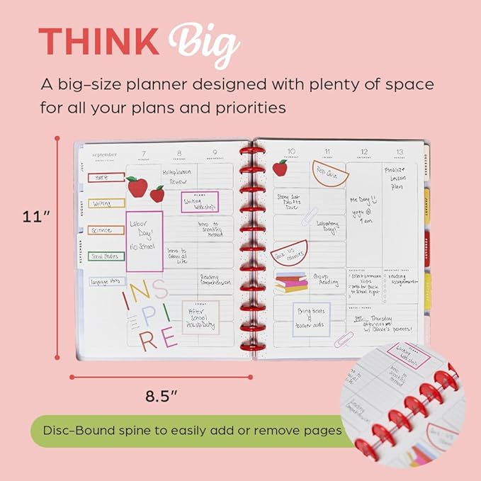 Happy Planner Disc-Bound 12-Month July 2026–June 2027 Academic Planner with 3 Extra Months, Big Size, 8.5" x 11", Teacher Layout, Colorblock Pop