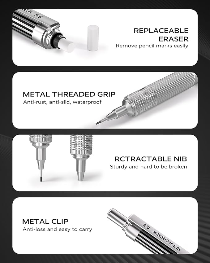 STAGEEK 0.5mm Mechanical Pencil with Metal Gift Case, 1PCs Metal Mechanical Pencil with 120PCS HB Lead Refills,4B Erasers and 9PCS Eraser Refills, for Writing Drafting Drawing and Sketching(Silver)