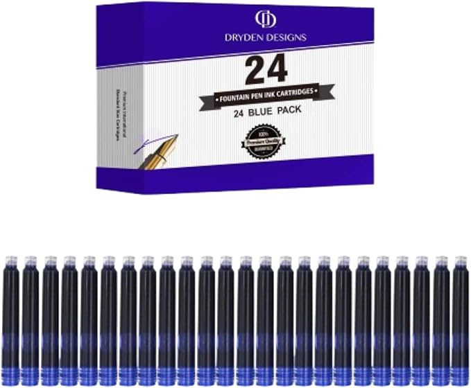 Dryden Designs Fountain Pen Ink Cartridges - Set of 24 Blue Ink CARTRIDGES - Short International Standard Size - Disposable and Generic Ink Refill Cartridges - Perfect for Calligraphy.