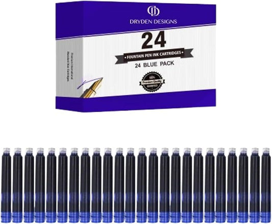 Dryden Designs Fountain Pen Ink Cartridges - Set of 24 Blue Ink CARTRIDGES - Short International Standard Size - Disposable and Generic Ink Refill Cartridges - Perfect for Calligraphy.