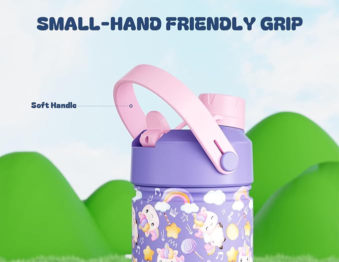 12 oz Insulated Water Bottle for Kids: 2-in-1 Straw Spout Lid, Spill-proof, BPA-Free, Easy Clean, Keep Cold 24H, Cute Patterns, Stainless Steel Cup for School, Travel, Playtime, Gift (Unicorn Jam)
