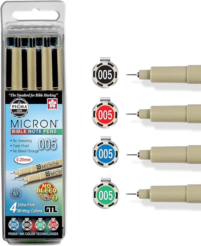 G.T. Luscombe Company, Inc. Pigma Micron 005 Ultra Fine Point Bible Note Pen Kit | No Bleed Pigmented Ink | Bible Safe | No Smearing or Fading | Black, Blue, Green, Red (Set of 4) | New Packaging |