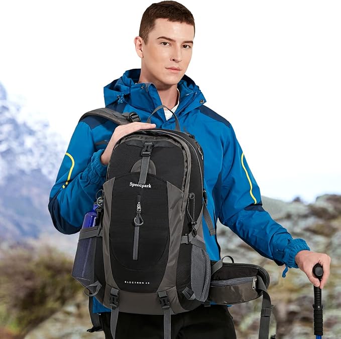 SPEEDPARK 40L Hiking Backpack, Lightweight Camping Daypack with Rain Cover | Water-Resistant Rip-Stop Nylon, Multi-Pockets, Survival Whistle. Ideal For Men, Women, Travel, Trekking