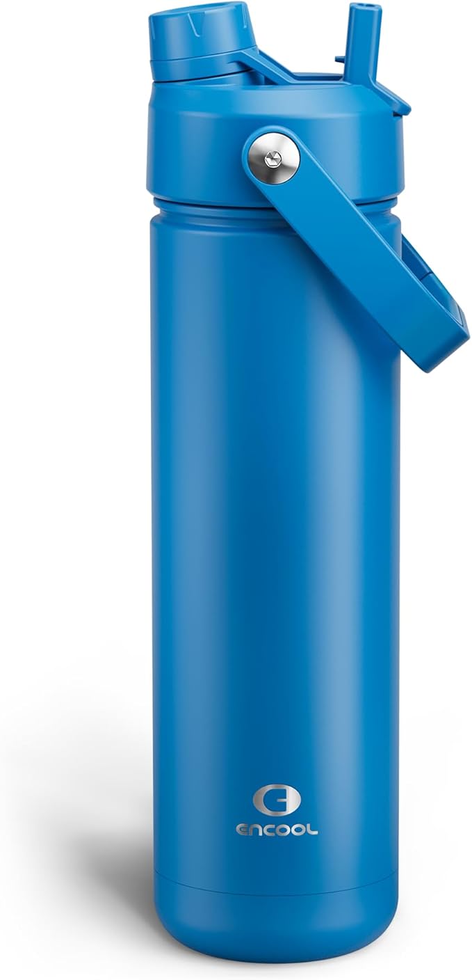 ENCOOL Insulated Water Bottle with Straw Stainless Steel Water Bottle, Leak-Proof, BPA-Free, Double Wall Vacuum Keeps Cold for 24 Hours for Sports, Travel, School (26 oz, Celtic Blue)