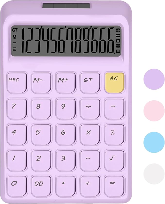 Cute Calculator, Calculators Desktop, Purple Calculator Big Buttons, Solar and Battery Dual Power, 12-Digits Large LCD Display, Desk Calculators for Office Home School Basic Business (Purple)