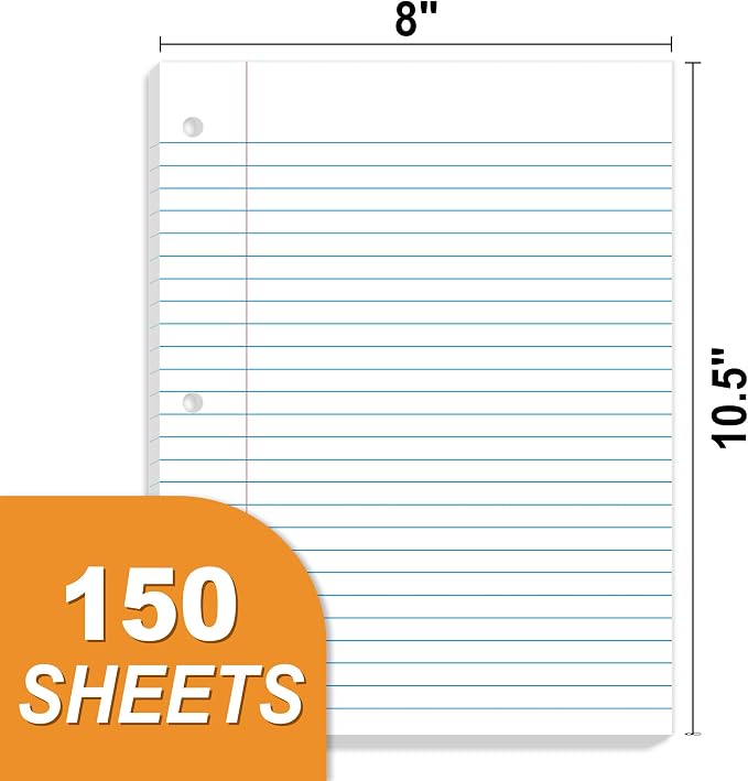 SUNEE Loose Leaf Paper, 900 Sheets, 6 Pack Wide Ruled Paper, 8 x 10-1/2 Inch Filler Paper, 3 Hole Punch Binder Paper, Loose Leaf Notebook Paper, 150 Sheets/Pack