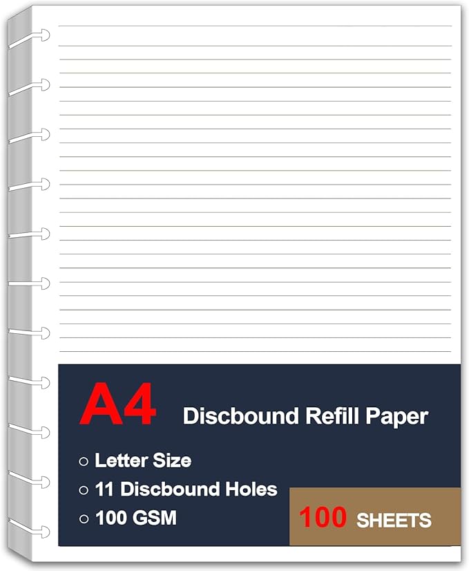 A4 TUL Discbound Lined Refill Paper, 11 Disc Hole Punched Ruled Filler Paper, Letter Size Refills Paper, 100Sheets / 200Pages, Loose-Leaf Paper, 100gsm Paper, 8.5 X 11 Inch