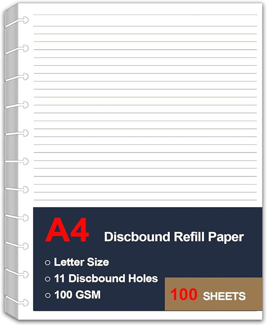 A4 TUL Discbound Lined Refill Paper, 11 Disc Hole Punched Ruled Filler Paper, Letter Size Refills Paper, 100Sheets / 200Pages, Loose-Leaf Paper, 100gsm Paper, 8.5 X 11 Inch