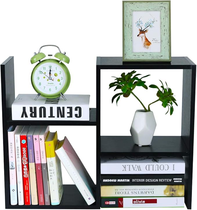 PAG Desktop Shelf Freestanding Wooden Small Bookshelf Desk Supplies Organizers and Accessories Storage Display Rack Office Dorm Decor for Women, Black