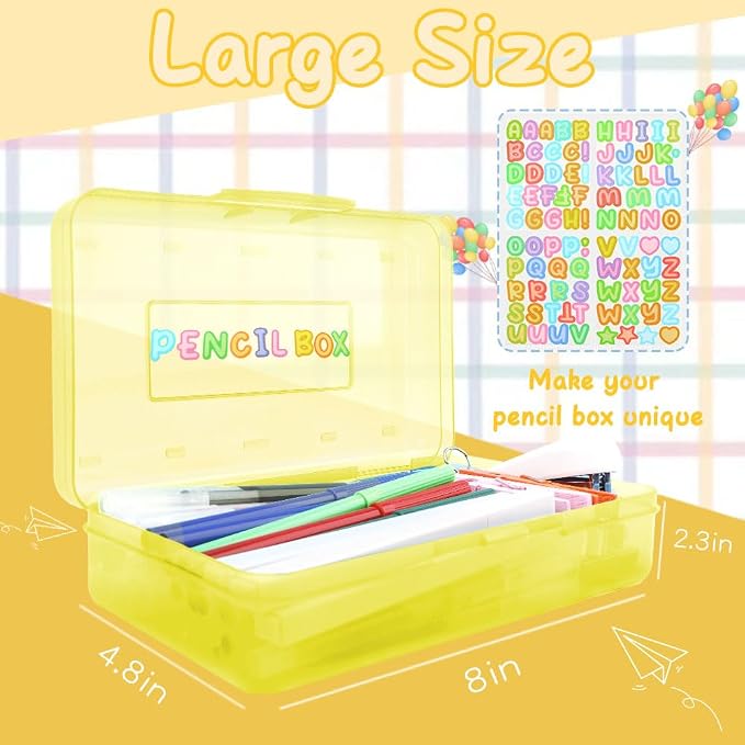 Yellow Pencil Case Box Plastic Aesthetic Hard Pencil Case with Stickers Stackable Storage Box for Girls Boys Big Capacity 1 Pack for Pens School Stylish Office Supplies Storage Organizer Boxs Medium