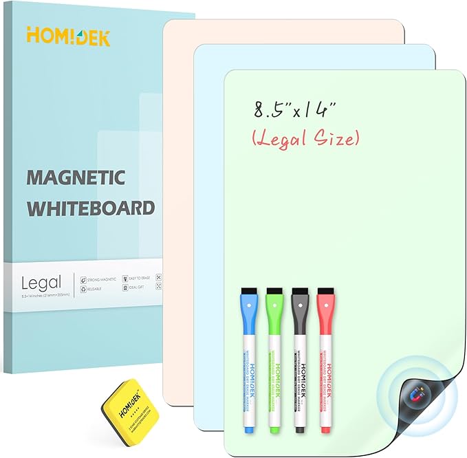 HOMiDEK Magnetic Dry Erase Board, 3 Colors Fridge Magnet White Board Sheet with 4 Markers & 1 Eraser, Reusable Blank Magnetic Whiteboard to Write On for Refrigerator, Locker, Cabinet, Door - 8.5 x 14