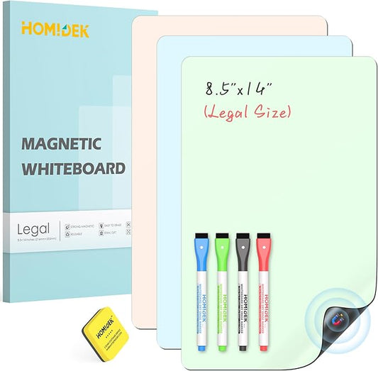 HOMiDEK Magnetic Dry Erase Board, 3 Colors Fridge Magnet White Board Sheet with 4 Markers & 1 Eraser, Reusable Blank Magnetic Whiteboard to Write On for Refrigerator, Locker, Cabinet, Door - 8.5 x 14