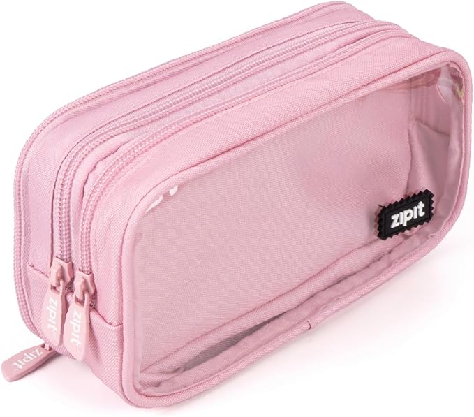 ZIPIT Half & Half Pencil Case for Girls, 3-Compartment Zipper Pouch, Pink | Clear-front pencil case for school, dedicated organizer panels, holds up to 70 pens & pencils, durable easy-care polyester
