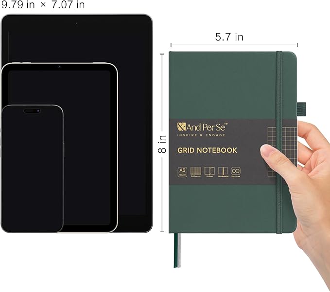&And Per Se Graph Notebook, 5mm Grid, A5 Hardcover, 160 Pages 100gsm Thick Paper, Grid Journal for Diagrams, Wireframes, CAD Sketches (Green)