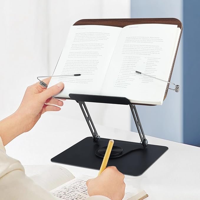 comfoyar Book Stand for Reading, Foldable Textbook Reading Stand with 360° Swivel Base and Elastic Page Clips, Adjustable Desk Cookbook Holder for Recipe Tablet Laptop Music Scores, Hands Free