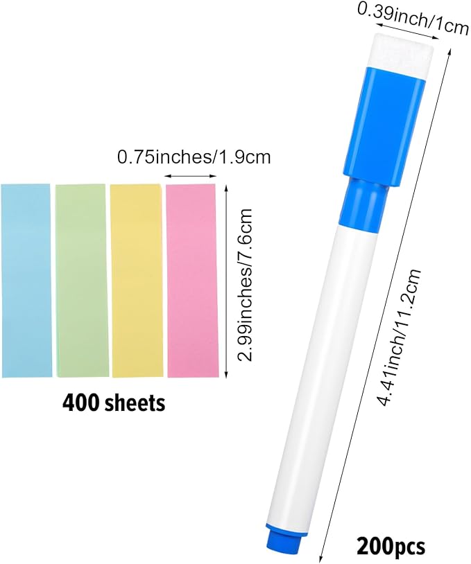Ptwola 200PCS Magnetic White Board Markers with Erasers Cap, Dry Erase Colorful Fine Point Tip Markers Mini Erasable Whiteboard Pens with 4x100pcs Sticky Notes for Teachers Home Office Supplies
