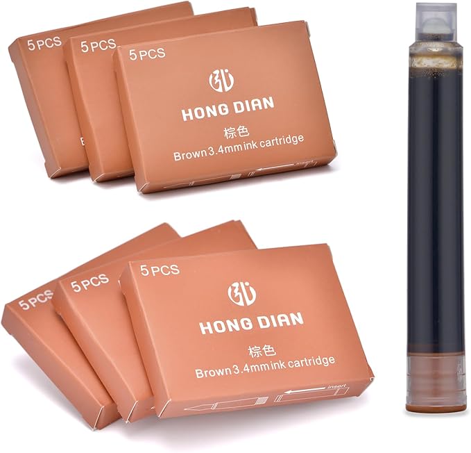 Asvine Hongdian Fountain Pen Ink Cartridges Brown Color, Set of 30 Refill Ink Cartridges, 3.4 mm Bore Diameter