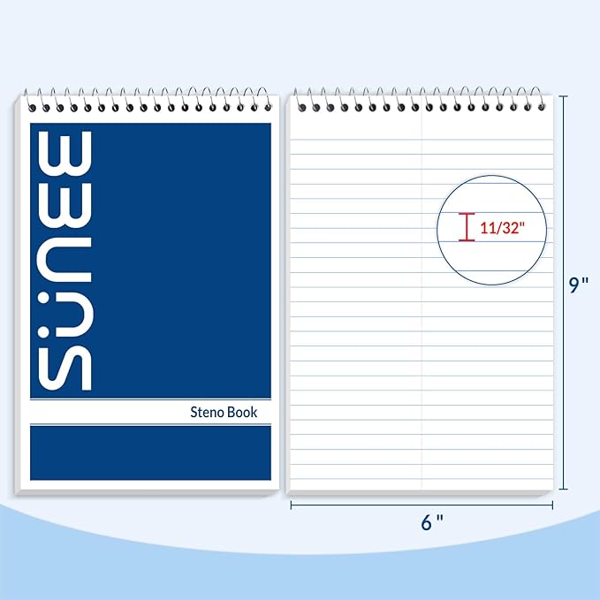 SUNEE 10 Pack Steno Pads 6x9, Gregg Rule, 60 Sheets, Spiral Notebook 6x9, White Paper, Take Notes with Top Spiral Notebook, for School, University, College, Work, Office, Classic Color