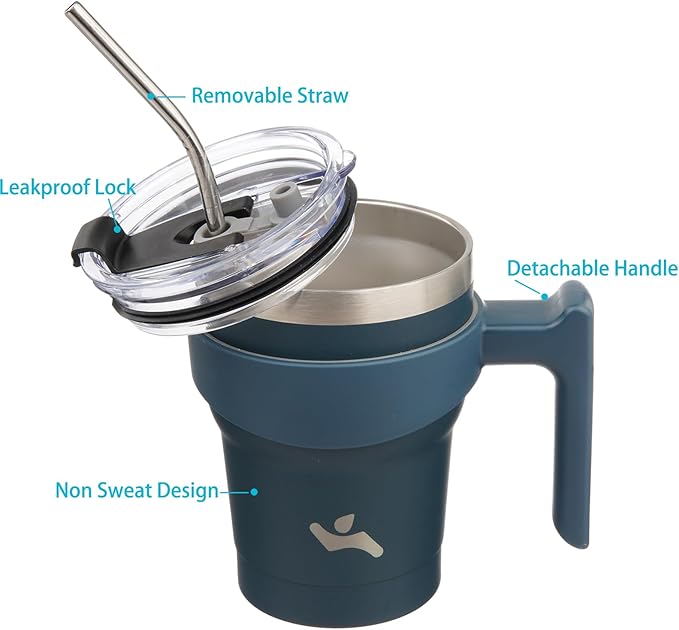 Konokyo 10 oz Tumbler with Handle and 2 Straw 2 Lid, Insulated Water Bottle Stainless Steel Vacuum Cup Reusable Travel Mug, Navy Blue