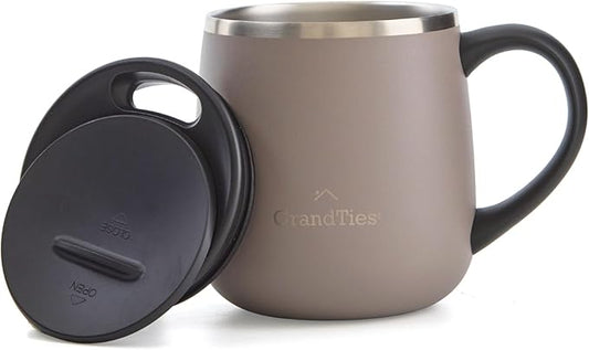 GRANDTIES 11oz Insulated Coffee Mug with Sliding Lid, Wine-Glass Shape Thermal Tumbler with Double Walled Vacuum Stainless Steel to Keeps Beverages Hot or Cold (Caffè Latte)