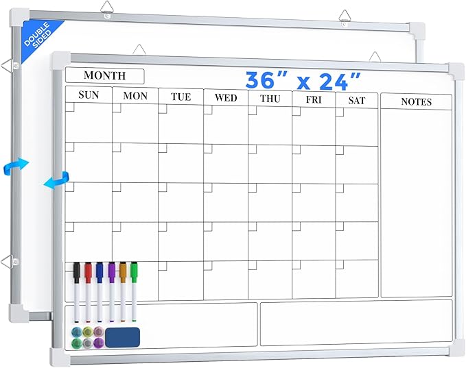 MaxGear Double Sided Magnetic Dry Erase Board Calendar, 36" x 24" Monthly Whiteboard for Wall, Aluminum Framed Reversible White Board with Notes Section, Markers, Magnets & Eraser for Home Office