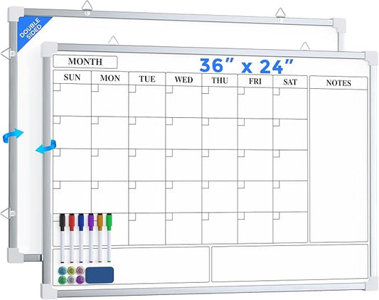 MaxGear Double Sided Magnetic Dry Erase Board Calendar, 36" x 24" Monthly Whiteboard for Wall, Aluminum Framed Reversible White Board with Notes Section, Markers, Magnets & Eraser for Home Office