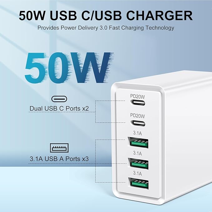 USB C Charger Block 50W 5Port Type C Fast Charging Blocks Multiport USB Wall Charger Plug Adapter Outlet Cube Box Brick Phone Accessories for iPhone 16 15 Pro Max XS, iPad, Tablet (White)
