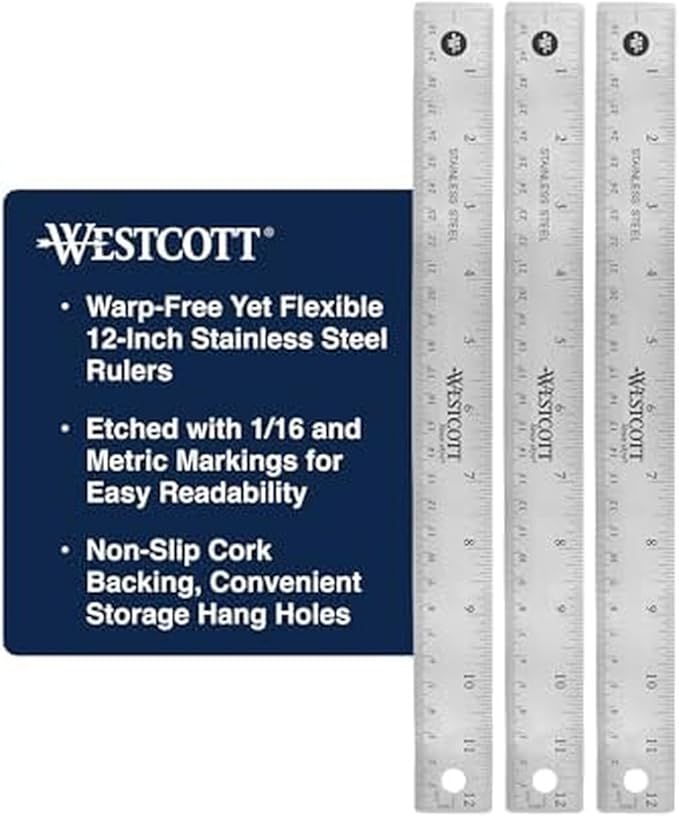Westcott Stainless Steel Ruler Set with Non-Slip Cork Backing, Easy to Read Etched Markings, Flexible and Sturdy Design, for Crafting, Office, Classroom, Back to School Supplies, 12-Inch, 3 Pack
