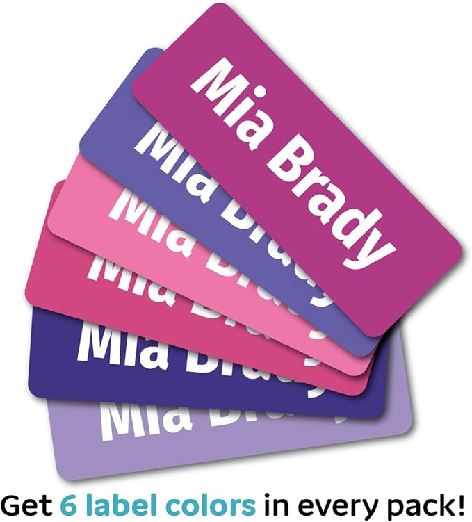 Kids Personalized Name Labels for School, Camp, Daycare (128 Labels) Custom Peel and Stick Waterproof Name Tags Stickers for Water Bottles, Lunch Boxes, Clothing, School Supplies (Berry Colors)
