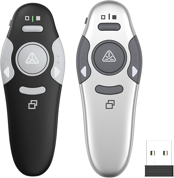 QUI 2 Pack Presentation Clicker, Wireless Presenter Remote Clicker for PowerPoint, Slide Advancer for Mac, Windows, Google Slide, Keynote (USB, Black Silver)