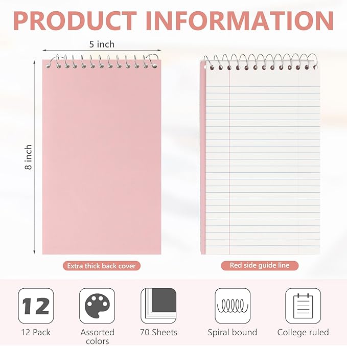 Fuutreo 12 Pcs 5'' x 8'' Top Bound Spiral Notebooks Office Steno Book for Women Cute Durable Spiral College Ruled Paper 70 Sheets Multicolor Covers, School Supplies(Earthen Color)
