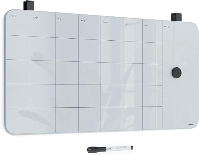 U Brands Magnetic Cubicle/Wall Glass Dry-Erase Monthly Calendar Board, 23" X 12" Inches, White Frosted Surface, Frameless
