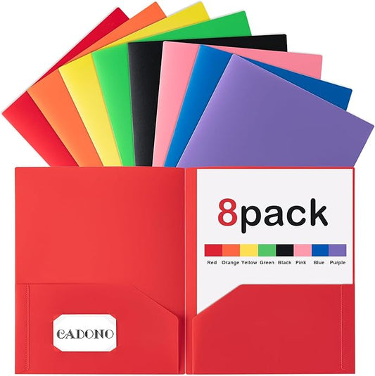 CADONO Plastic Folders with Pockets (8 Pack,Assorted Colors), Durable Heavy Duty File Folders with Business Card Slot, 2-Pocket Folder for Schoolwork & Office,Back to School Supplies