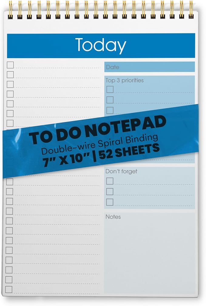 Better Office Products To Do List Notepad, 7" x 10" Today Note Pad, 52 Sheets, Double Wire Spiral, Daily Agenda Productivity Checklist Organizer (1 Pack)